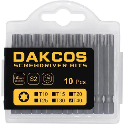 DAKCOS T40 Torx Bit Set, 10 Stück, 50mm lang, S2 Stahl, 1/4" Sechskant