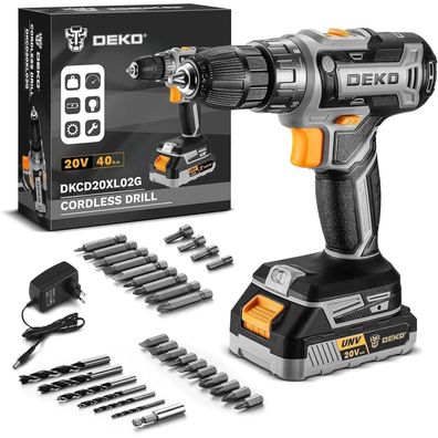 Dekopro Akku-Bohrmaschine 20V Set mit 1,5AH Akku, Ladegerät und Bohrerset, Grau