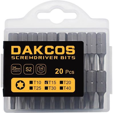 DAKCOS T15 Torx Bits aus S2 Stahl, 25mm Länge, 20 Stück im Set
