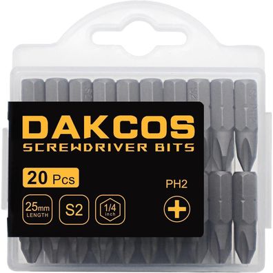 DAKCOS PH2 Bit-Sortiment, 20 Stück, 25 mm Länge, aus hochwertigem S2 Stahl, für