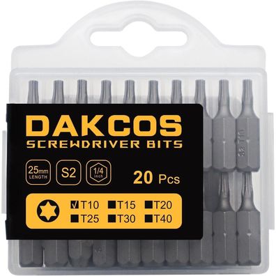 DAKCOS T10 Torx Bit-Sortiment, 25 mm Länge, 20 Stück aus S2 Stahl