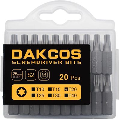DAKCOS T20 Torx Bit Set, 25mm Länge, 20 Stück aus S2 Stahl, für Akkuschrauber