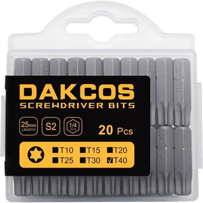 DAKCOS T40 Torx Bits, 25 mm Länge, S2 Stahl, 20 Stück im Set