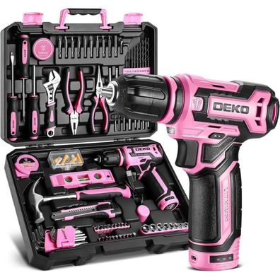 DEKO Werkzeugkoffer 133-teilig mit 12V Akkuschrauber, Rosa