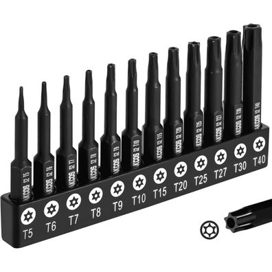 DAKCOS Torx Bit Set 12-teilig (T5-T40) aus S2 Stahl, 50mm Länge, mit Bohrung