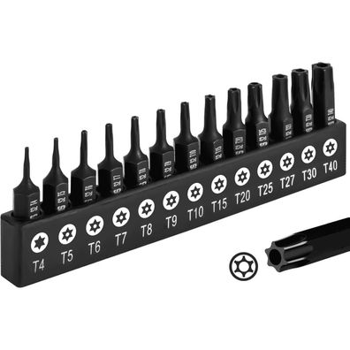 DAKCOS Torx Bit Set 13-teilig, 25 mm Länge, aus S2 Stahl, mit Bohrung (T4-T40)