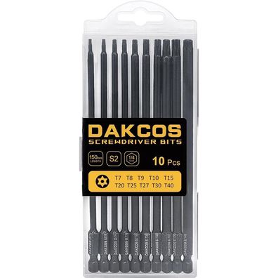 DAKCOS Torx Bit Set 10-teilig, T7-T40, mit Bohrung, 150 mm Länge, S2 Stahl