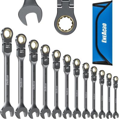 Eneacro Gelenk-Ratschenschlüssel Set, 12-teilig, 8-19mm, Flex-Kopf, 72 Zähne