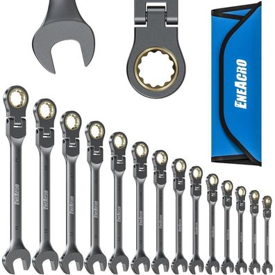 Eneacro 14-tlg Gelenk-Ratschenschlüssel Set, Flex-Kopf Ringmaulschlüssel