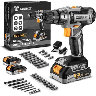 Dekopro Akkuschrauber Set 20V, 40 Nm, 2 Akkus, 30-teiliges Zubehör, Grau