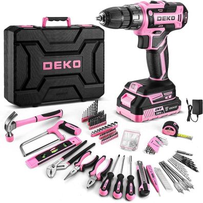 DEKO 186-teiliger Werkzeugkoffer mit 20V rosa Akkubohrer - Ideal für Zuhause