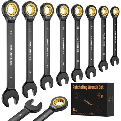 ss shovan 8-teiliges Ratschenschlüssel Set 8-19 mm, Ringmaulschlüssel mit 72