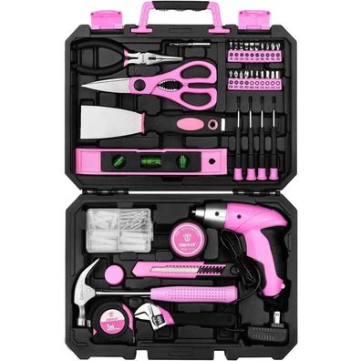 DEKO Werkzeugkoffer Rosa 98-teilig mit 3.6V Akku-Schrauber für Haus, Büro und
