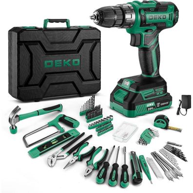 DEKO 186-teiliges Werkzeugkoffer Set mit 20V Akku-Bohrschrauber, Grün