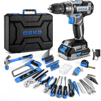 DEKO 186-teiliges Werkzeugkoffer Set mit 20V Akku-Bohrschrauber Blau