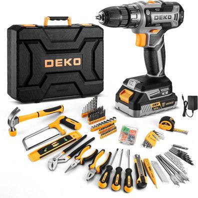 DEKO 186-teiliges Werkzeugkoffer-Set mit 20V Akku-Bohrschrauber, Grau