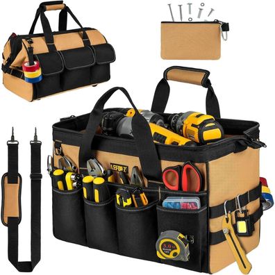 LEFOR·Z Werkzeugtasche 16 Zoll Leer, robust, mit Schulterriemen, 27 Fächer, für