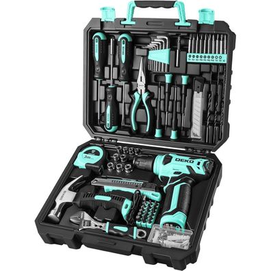 DEKO 126-teiliger Werkzeugkasten mit 8V Akku Bohrmaschine/Elektroschrauber, Cyan