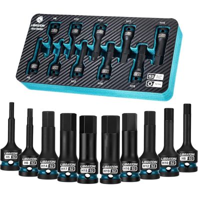 Libraton 10-tlg Schlag Hex Bit Steckschlüssel Set, 1/2 Zoll, S2-Stahl, H5-H19