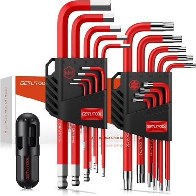 Getlitool Innensechskant Satz 18tlg. mit Kugelkopf & Torx, Cr-V-Stahl, Profi Set