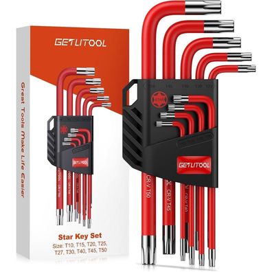 Getlitool Innensechskant Satz, 9-teilig, TX Torx T10-T50, Cr-V-Stahl, kompakt