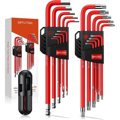 Getlitool Innensechskant Satz Lang, 18tlg. mit Kugelkopf & Torx, Cr-V-Stahl