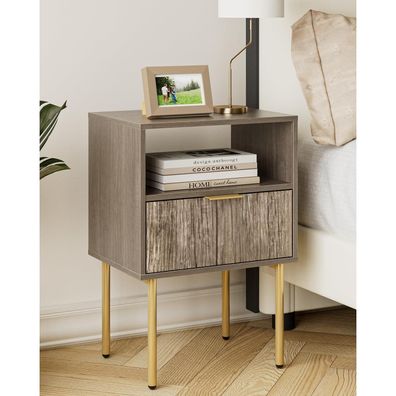 Heyzoey Nachttisch mit 1 offenen Ablage und 1 Schublade, modern, Boho, Grau