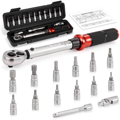 Toolwiz 15-tlg 1/4" Drehmomentschlüssel Fahrrad 2-26 NM, 72 Zähne, inkl. Bits