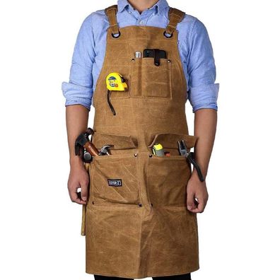LEFOR·Z Robuste Werkzeugschürze für Herren, verstellbar M-XXL, Braun, 8 Taschen