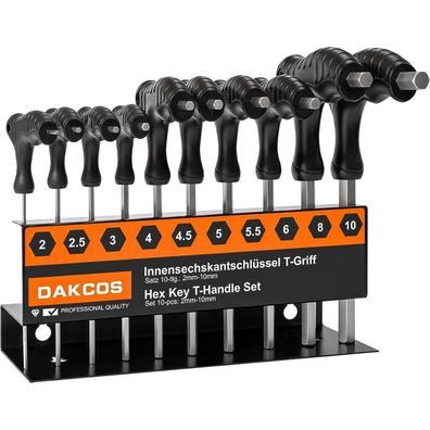 DAKCOS 10tlg Sechskantschlüssel Set mit T-Griff und Quergriffen, Metrisch 2-10mm