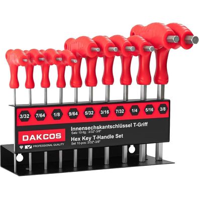 DAKCOS 10-teiliges Sechskantschlüssel Set mit T-Griff und Quergriffen, SAE/INCH