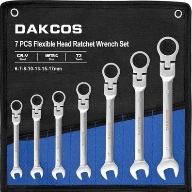 DAKCOS 7tlg. Kombi-Ratschenschlüssel Set 6-17mm mit Gelenk, CR-V, inkl