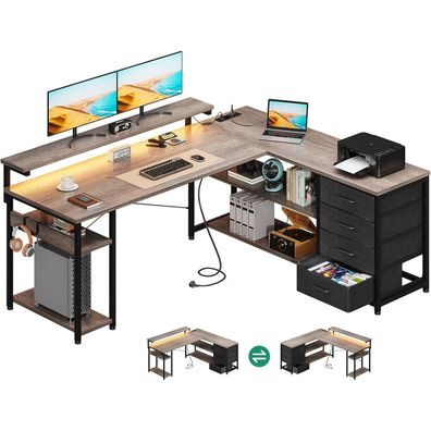 ODK Eckschreibtisch L-Form mit Schubladen, 2 Steckdosen, 2 USB, LED, 155x110cm