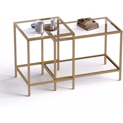Huhote Quadratischer Couchtisch 2er Set, Modern, Glas, Gold, 60/40 cm