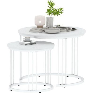 Huhote Runde Couchtische im 2er-Set, Beistelltische mit Metallrahmen, weiß, Ø