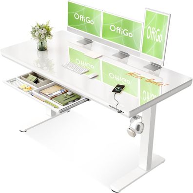OffiGo Höhenverstellbarer Schreibtisch, 140x60 cm, Elektrisch mit Glasplatte