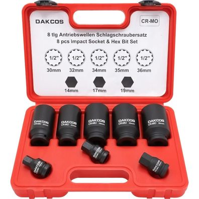 DAKCOS 8tlg Vielzahn Nuss Satz für Antriebswellen, 1/2" Antrieb, 30-36mm