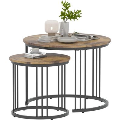 Huhote Runde Couchtische 2er-Set Beistelltisch mit Metallrahmen, Rustic Brown
