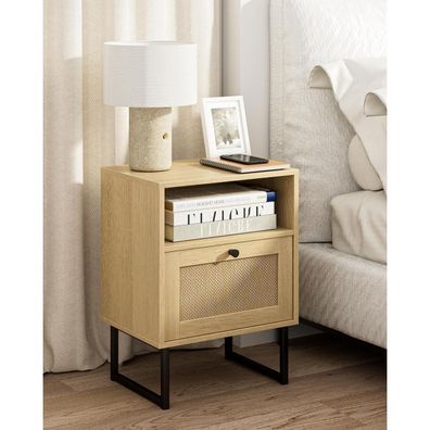 Heyzoey Boho Nachttisch aus Rattan mit Schublade und Eichenregal - Klein