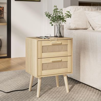 Heyzoey Rattan Nachttisch mit 2 Schubladen und Holzbeinen, Beistelltisch für