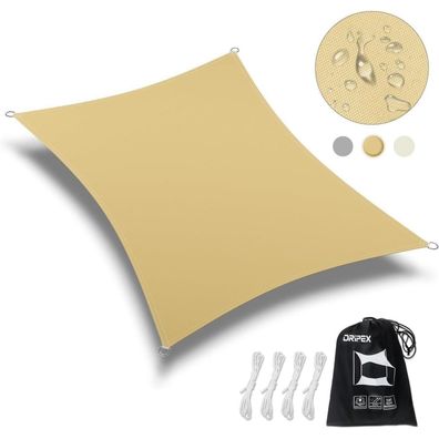 Dripex Sonnensegel wasserdicht 3x4m Sand inkl. Befestigungsseile - UV-Schutz