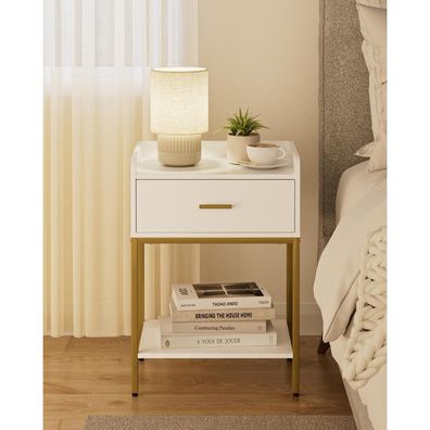 Heyzoey Nachttisch weiß, 3-Tier modern mit Schublade und Regal, Beistelltisch