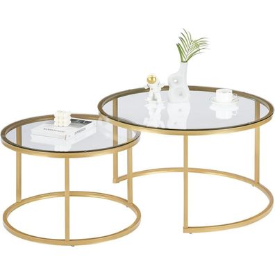 Soayone Couchtisch 2er Set Gold, runder Glastisch mit Metallgestell, 80x80x45