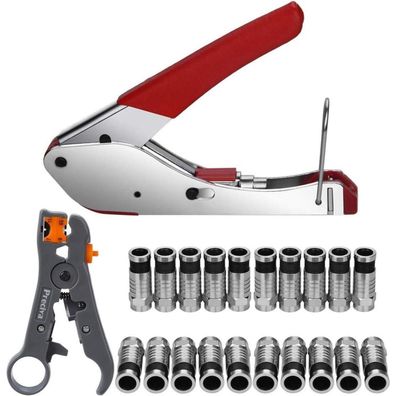 Preciva Kompressionszange Set RG59/RG6 mit Abisolierwerkzeug und 20 F-Steckern