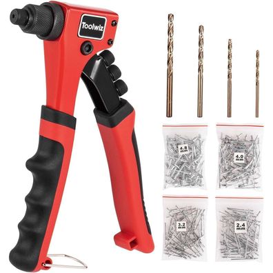 Toolwiz Nietzange Einhand-Set mit 200 Nieten, 4 Wechselköpfen und 4 Bohrern