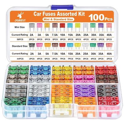 JOREST 100Pcs Kfz Sicherung Set: 56 Mini & 44 Standard Sicherungen