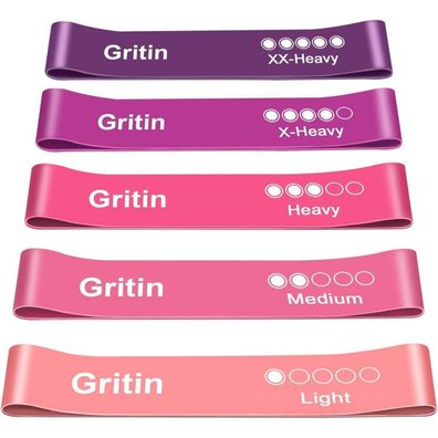 Gritin Fitnessbänder Widerstandsbänder Set (5 Stück) - Lila + Pink, mit