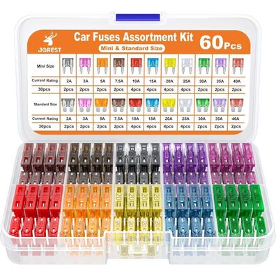 JOREST 60tlg. Kfz Sicherung Set (Mini & Standard) - 11 Stromstärken von 2A bis