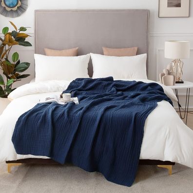 EMME Musselin Baumwolldecke 230x230 cm, 4-lagig, weich, atmungsaktiv, Navy Blau