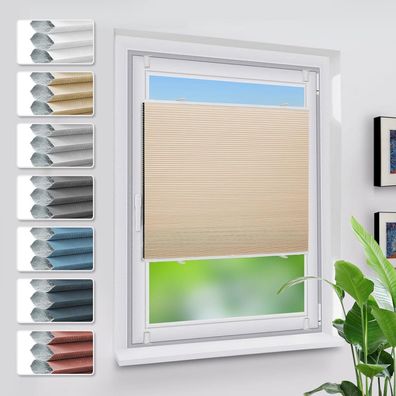 Grandekor Verdunklungsplissee Wabenplissee ohne Bohren Weiß-Beige 40x110cm